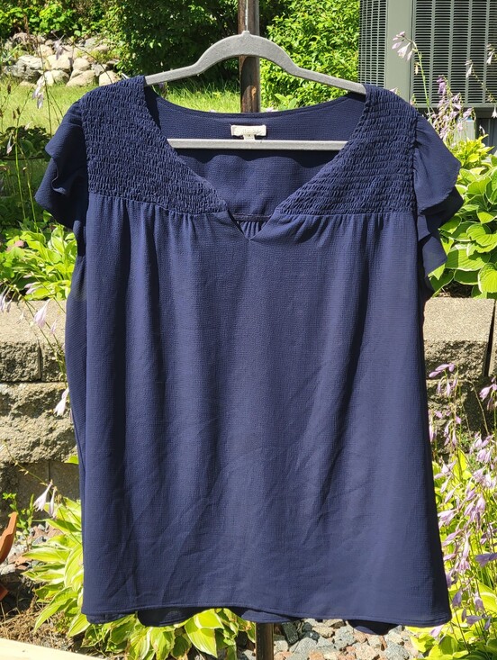 Cotton Bleu Tops - Navy Smocked Yoke V-Neck Blouse Size 1X